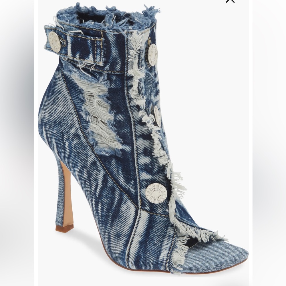 Frayed Denim Peep-Toe Heels